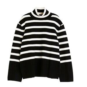 H&M Women’s Striped Turtleneck Sweater Black Ivory Fine Knit Size M
